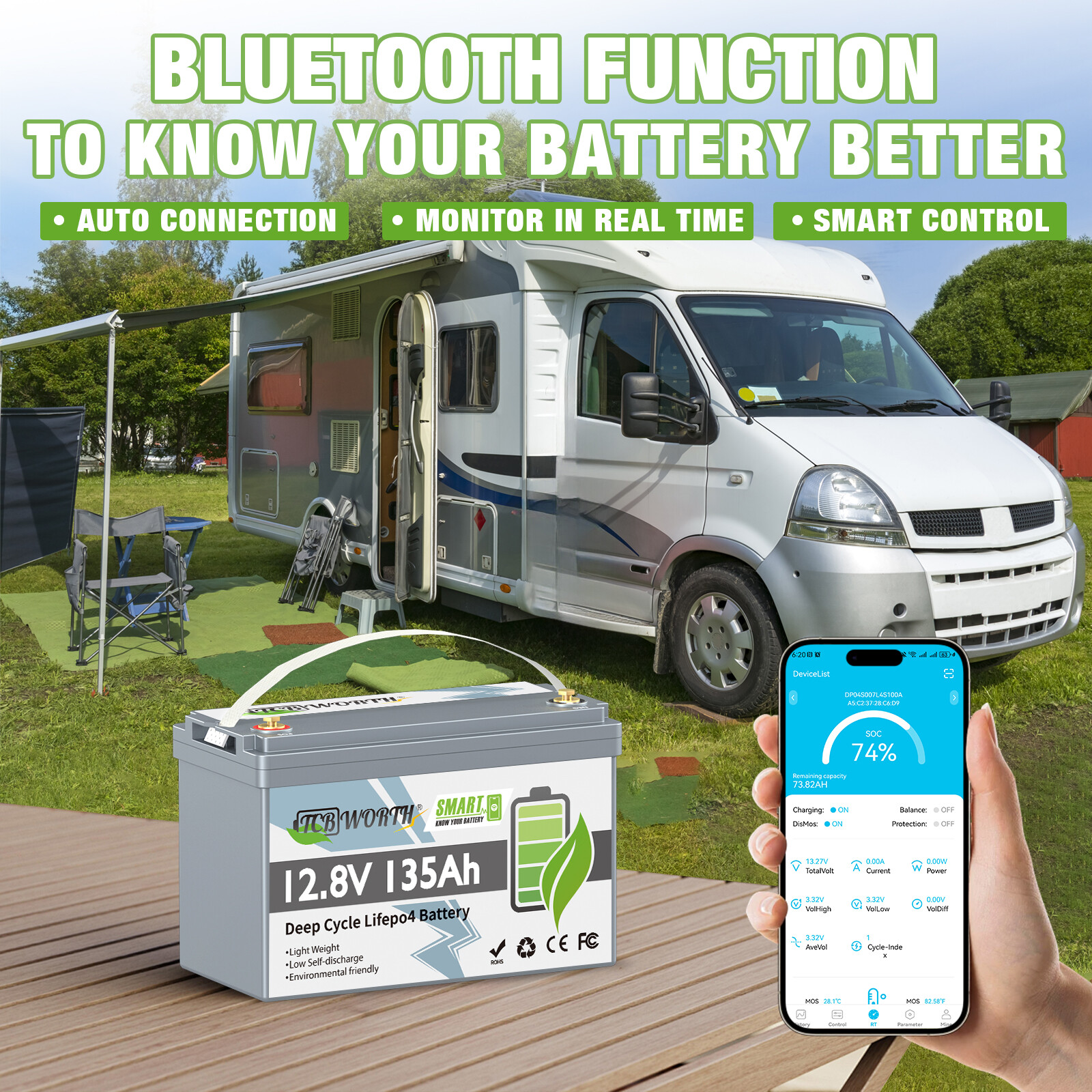 12V 135Ah LiFePO4 Lithium Battery 1728Wh Smart Bluetooth BMS for RV Marine Solar