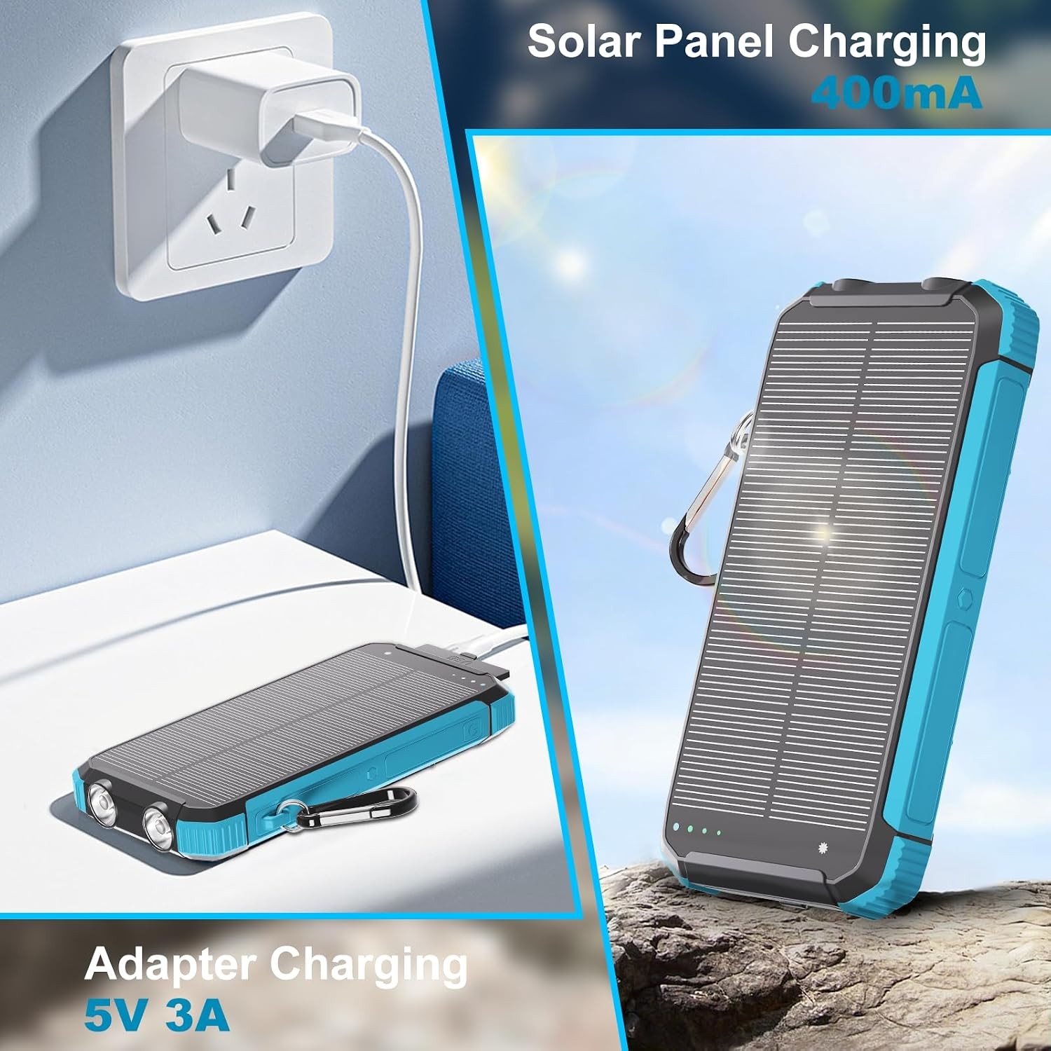 Solar Power Bank 20000mAh, Wireless Fast Charging, 3-in-1 Cables, Blue