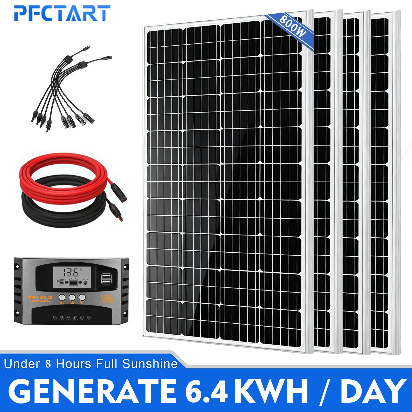 800W Watts Solar Panel Kit 60A 12V Battery Charger Home Rooftop Camping Off-Grid