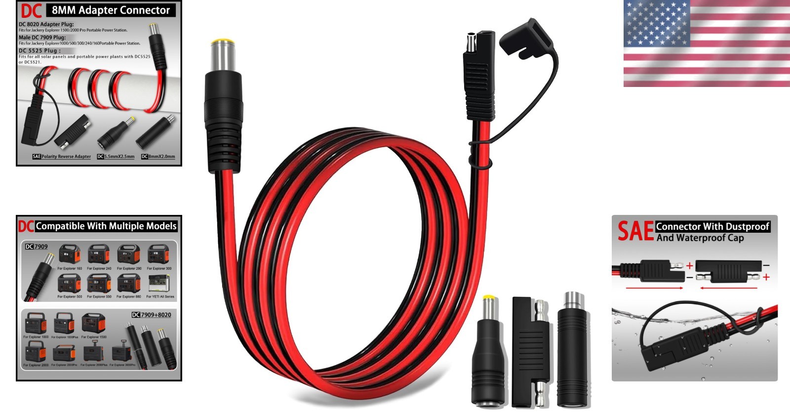 Heavy Duty 6FT SAE to DC8mm Adapter with Polarity Reverse for Solar Generators