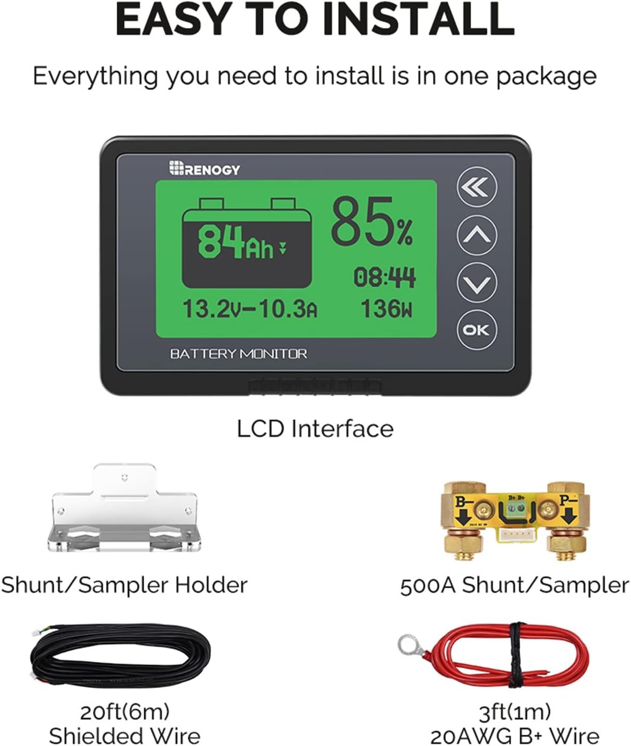 500A Battery Monitor with Shunt, High and Low Voltage Programmable Alarm, Ran…