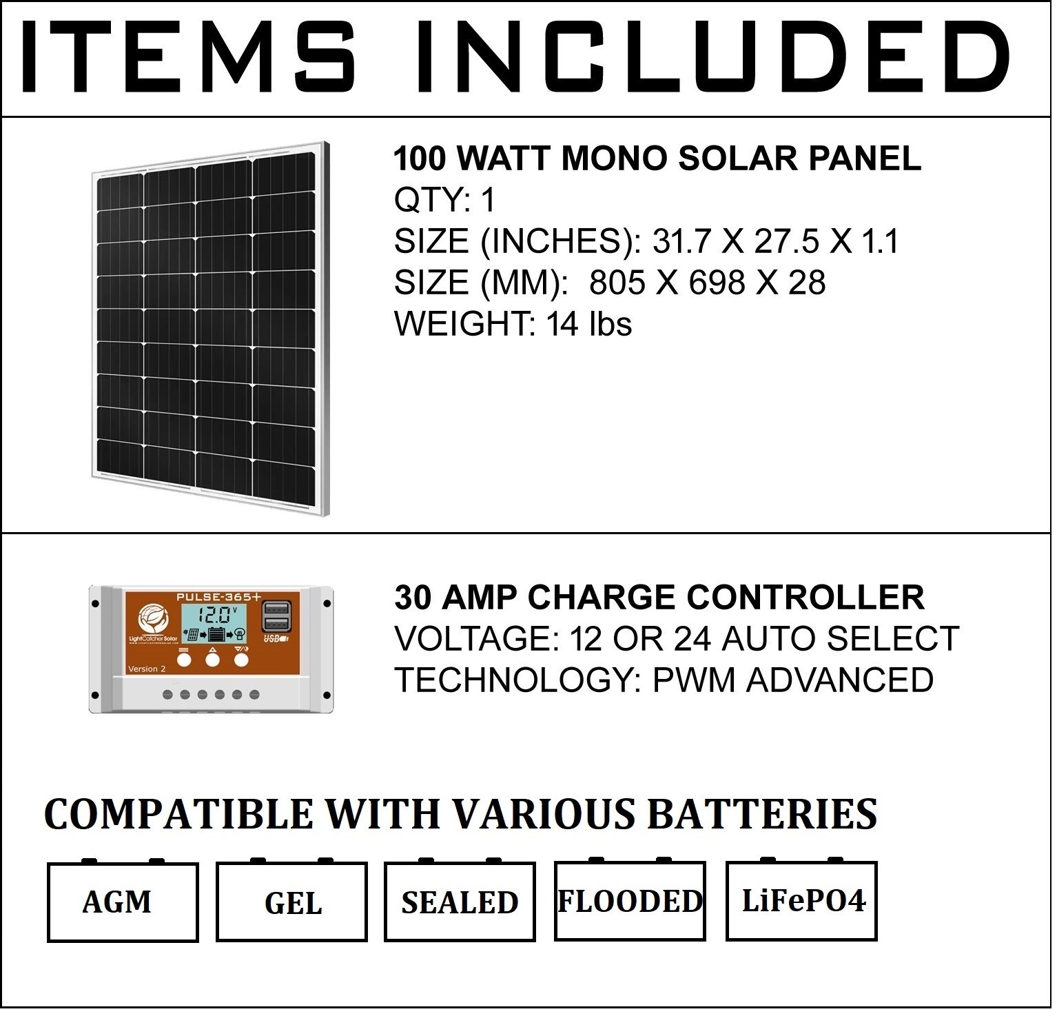 100 Watt 100W Solar Panel Kit with Solar Charge Controller 12V RV Boat Off Grid