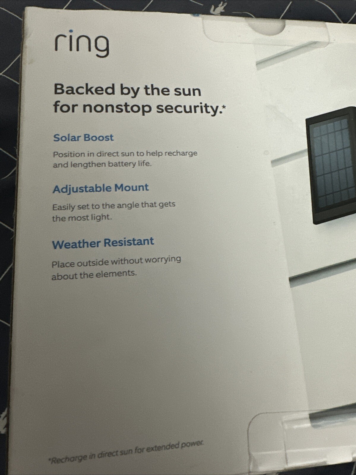 Ring Solar Panel Black Rechargeable Power For Ring Cameras New Sealed