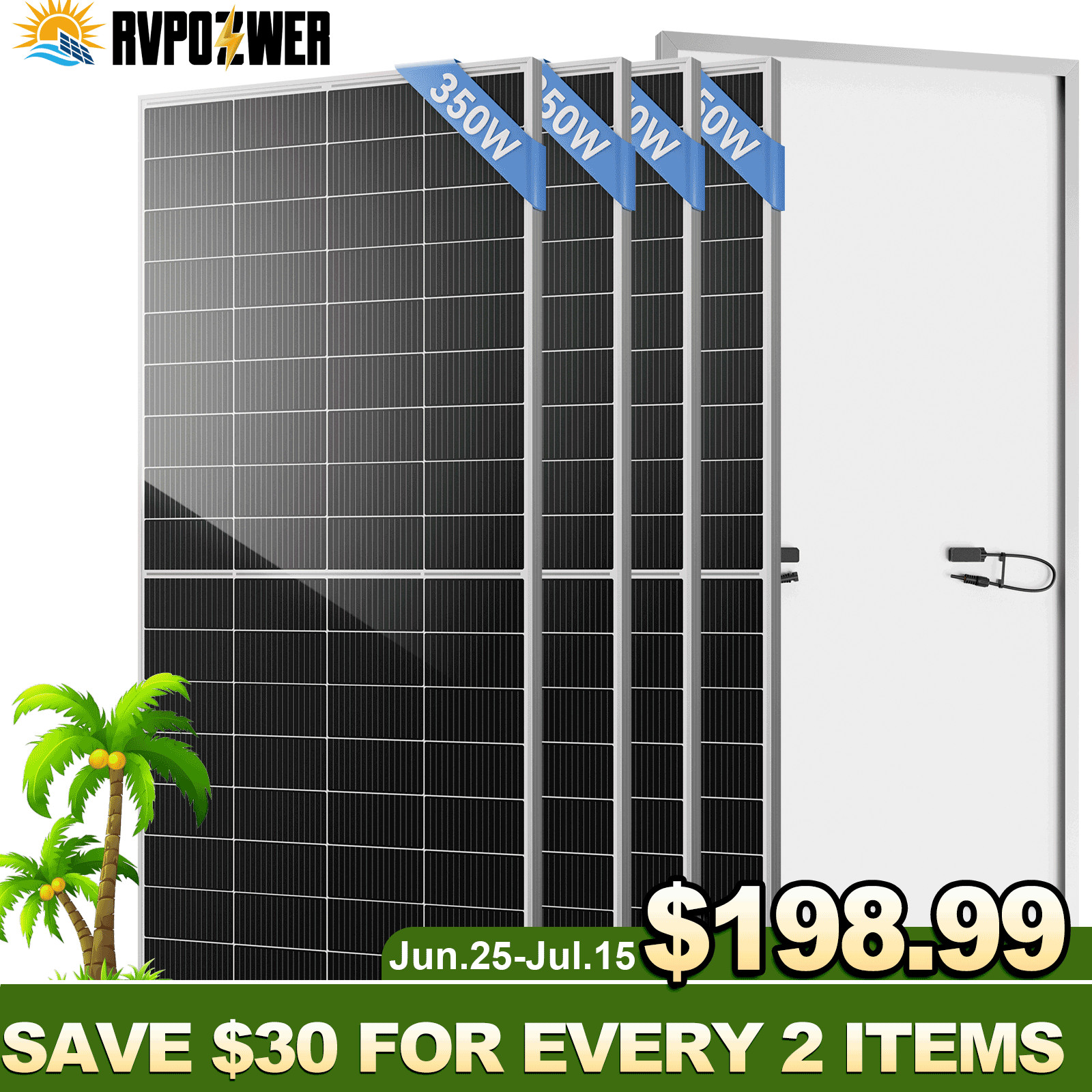 4PCS 350W 1400W Solar Panel 25.2% High Efficiency Home Shed Efficiency Off-Grid