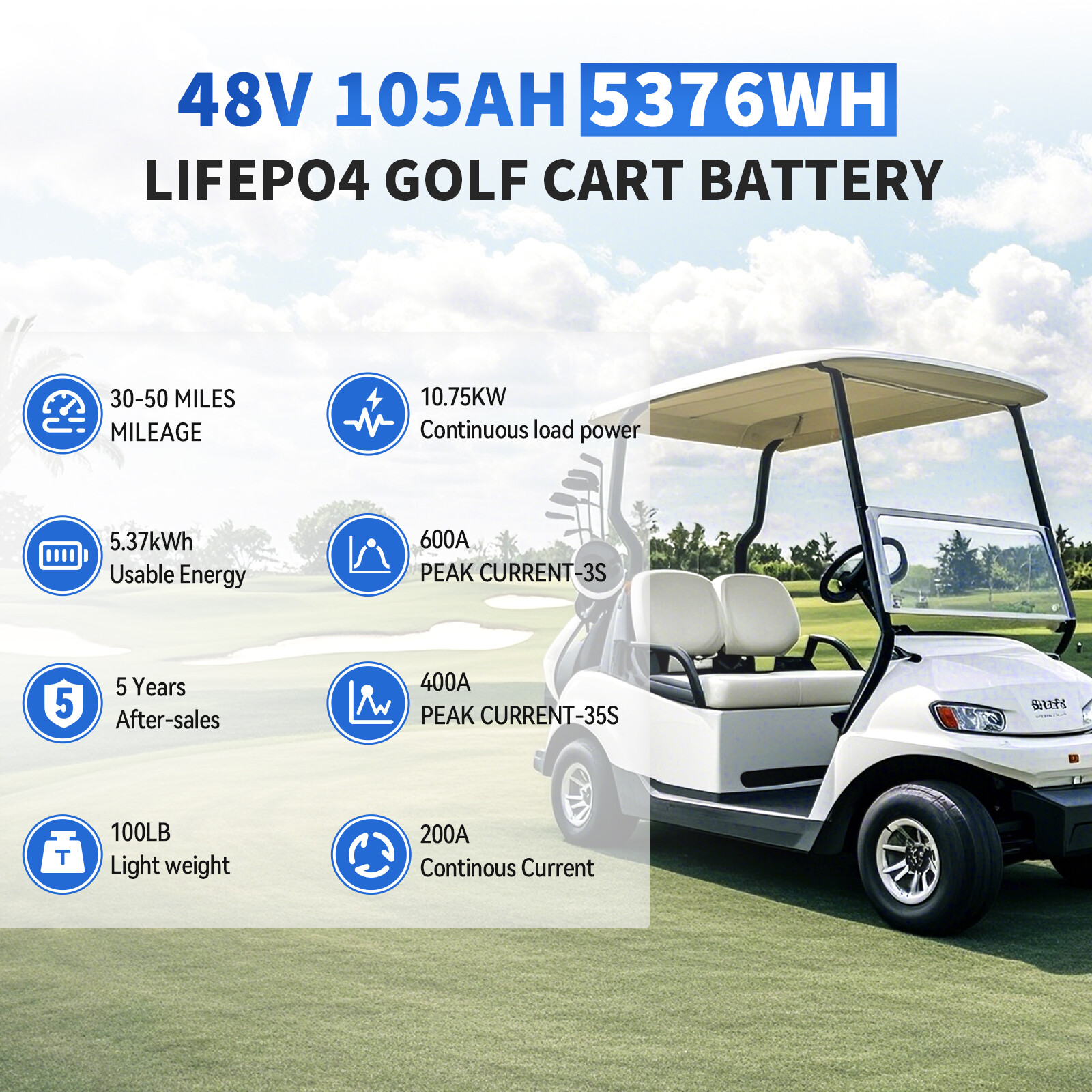 48V 105Ah Battery LiFePO4 Lithium Golf Cart 200A BMS Bluetooth Monit+20A Charger