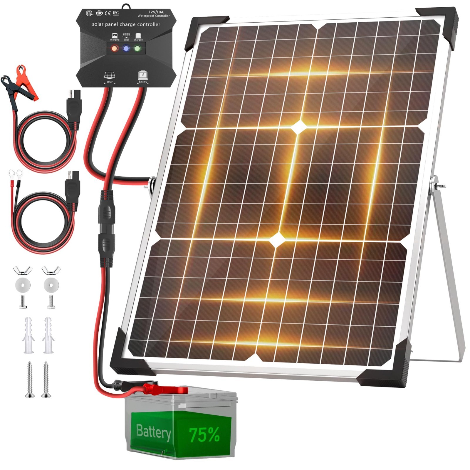 30W Solar Battery Charger Kit – 12V Waterproof Solar Panel with 10A Controller,