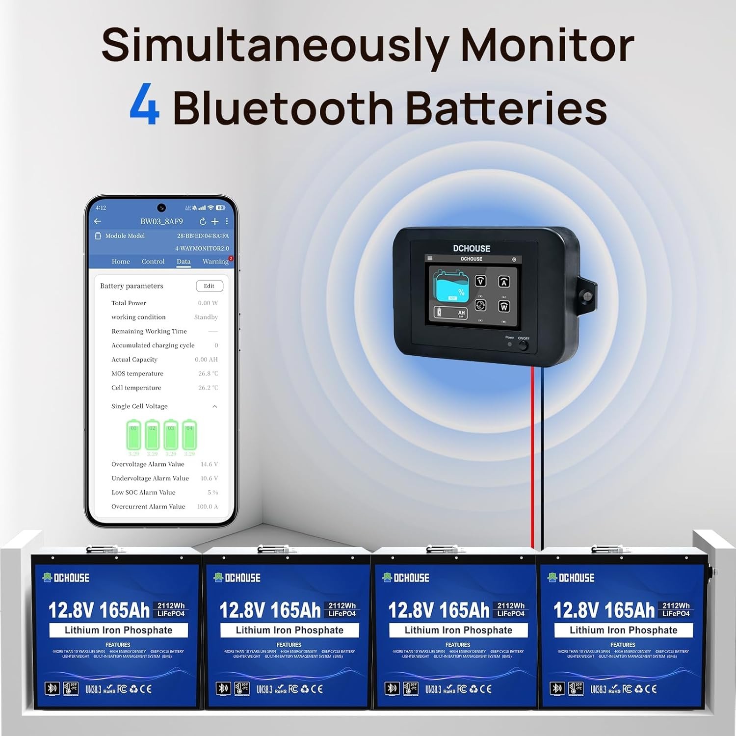 DC HOUSE 4-Way Bluetooth Lithium Battery Monitor Range 8-75V & Custom Alarm