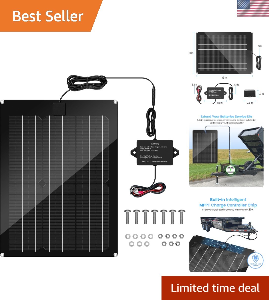 15W Waterproof Solar Battery Charger with MPPT – Extend Battery Life Efficiently