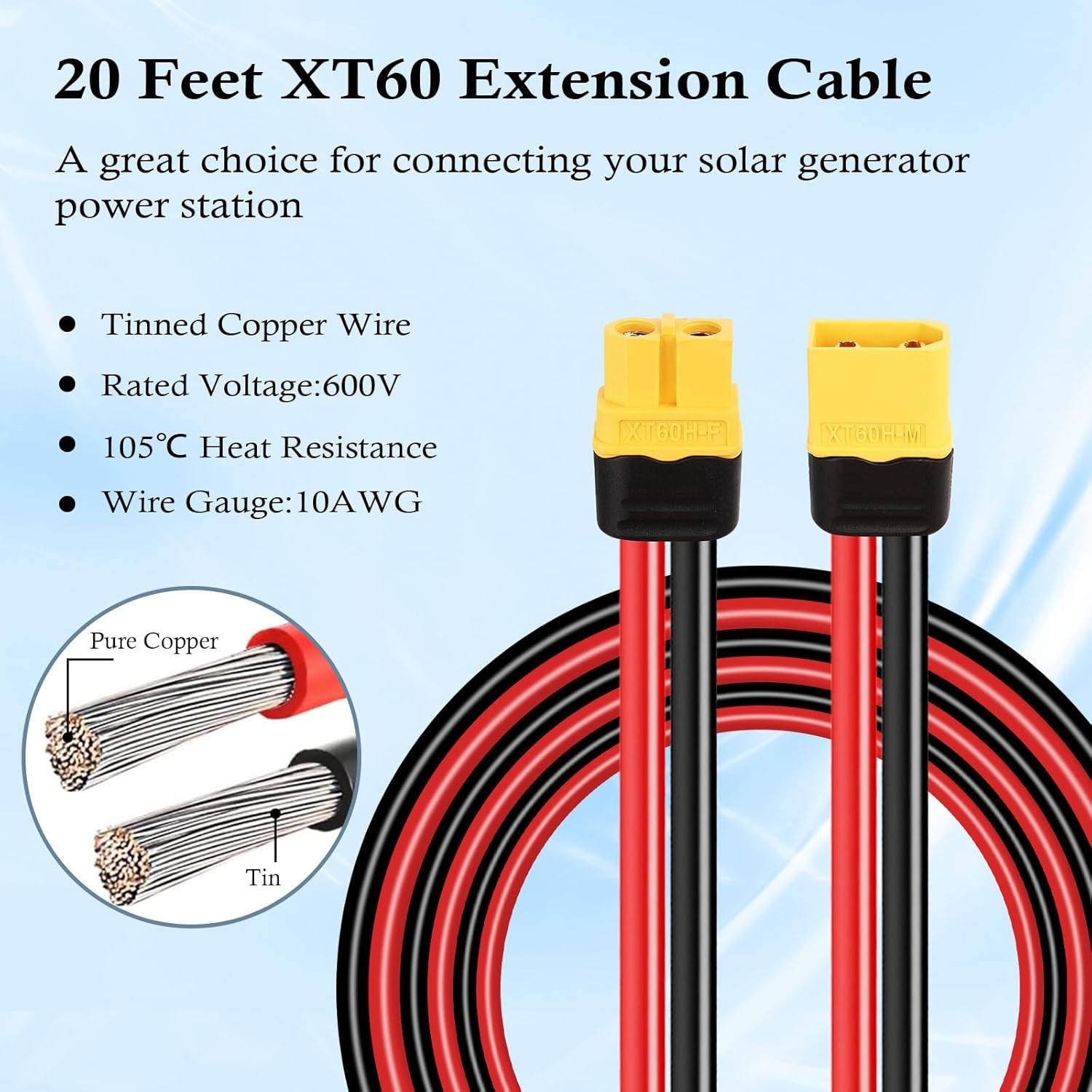XT60 Extension Cable 10AWG 20FT XT60 to XT60 Cable with Male to Female Connec…