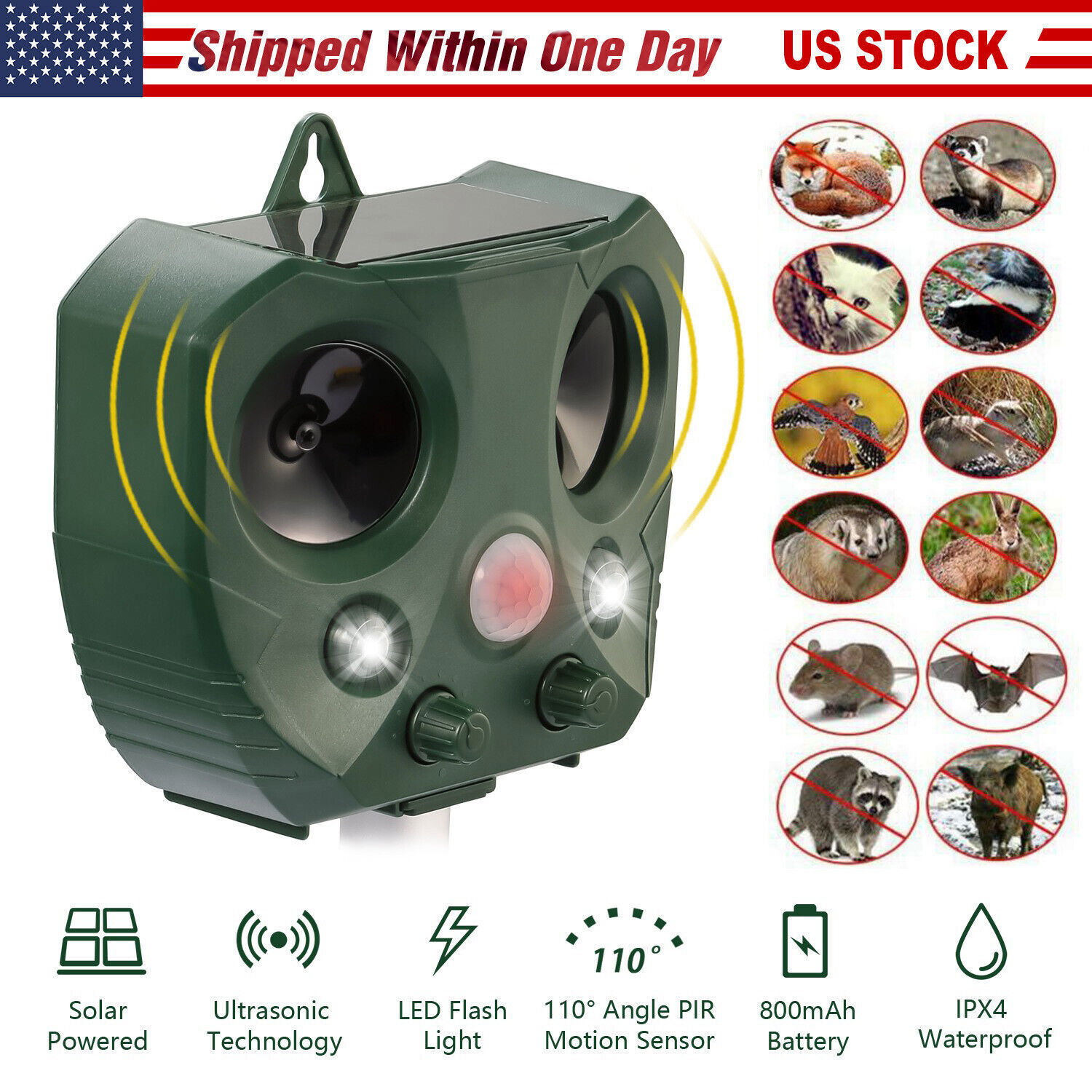 Outdoor Solar Ultrasonic Power Pest Animal Repeller Repellent Garden Cat Dog Fox