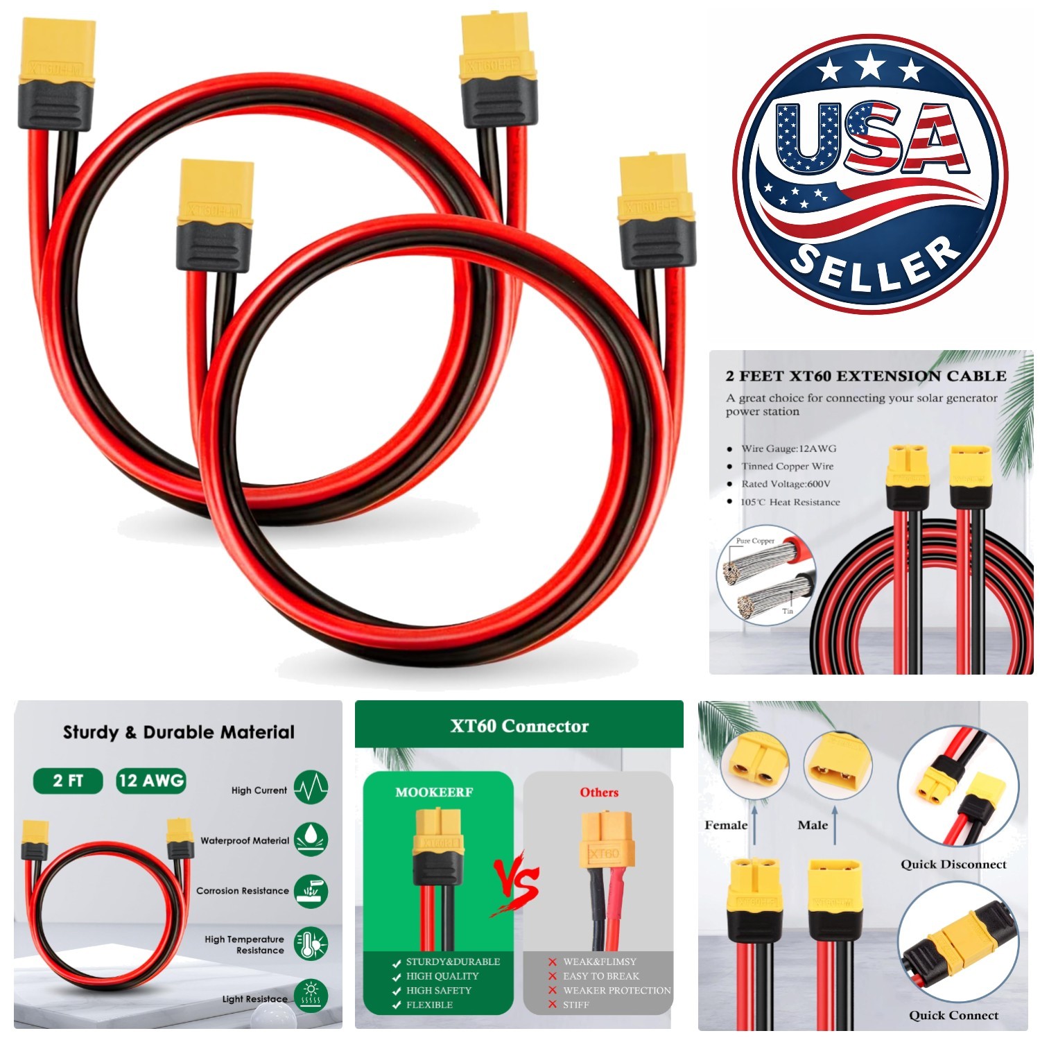 2FT 12AWG XT60 Male-Female Extension Cable – Durable, Waterproof and Efficient