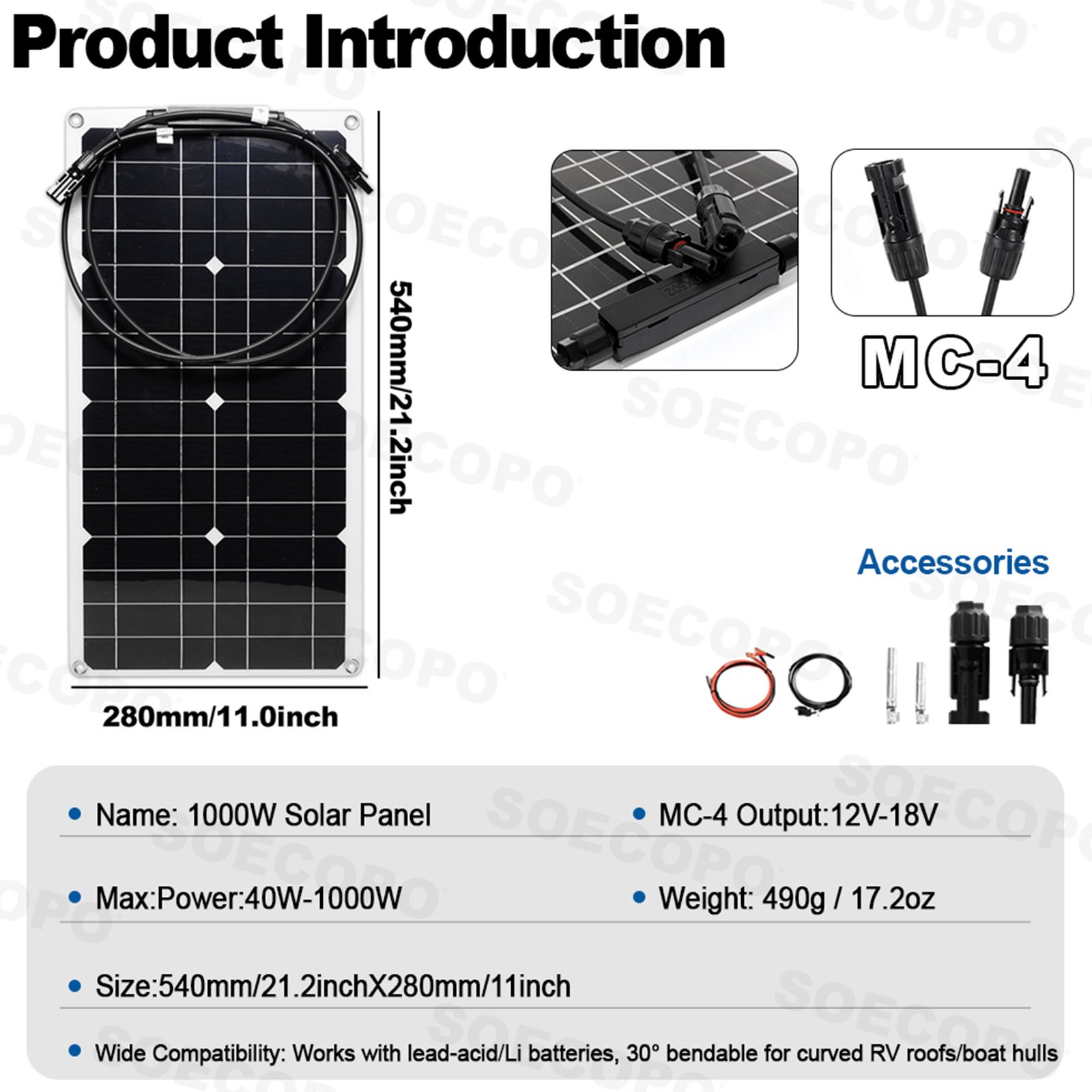 SOECOPO 8000W Peak Solar System Kit Flexible Panel 100A Controller 12V 110V 220V