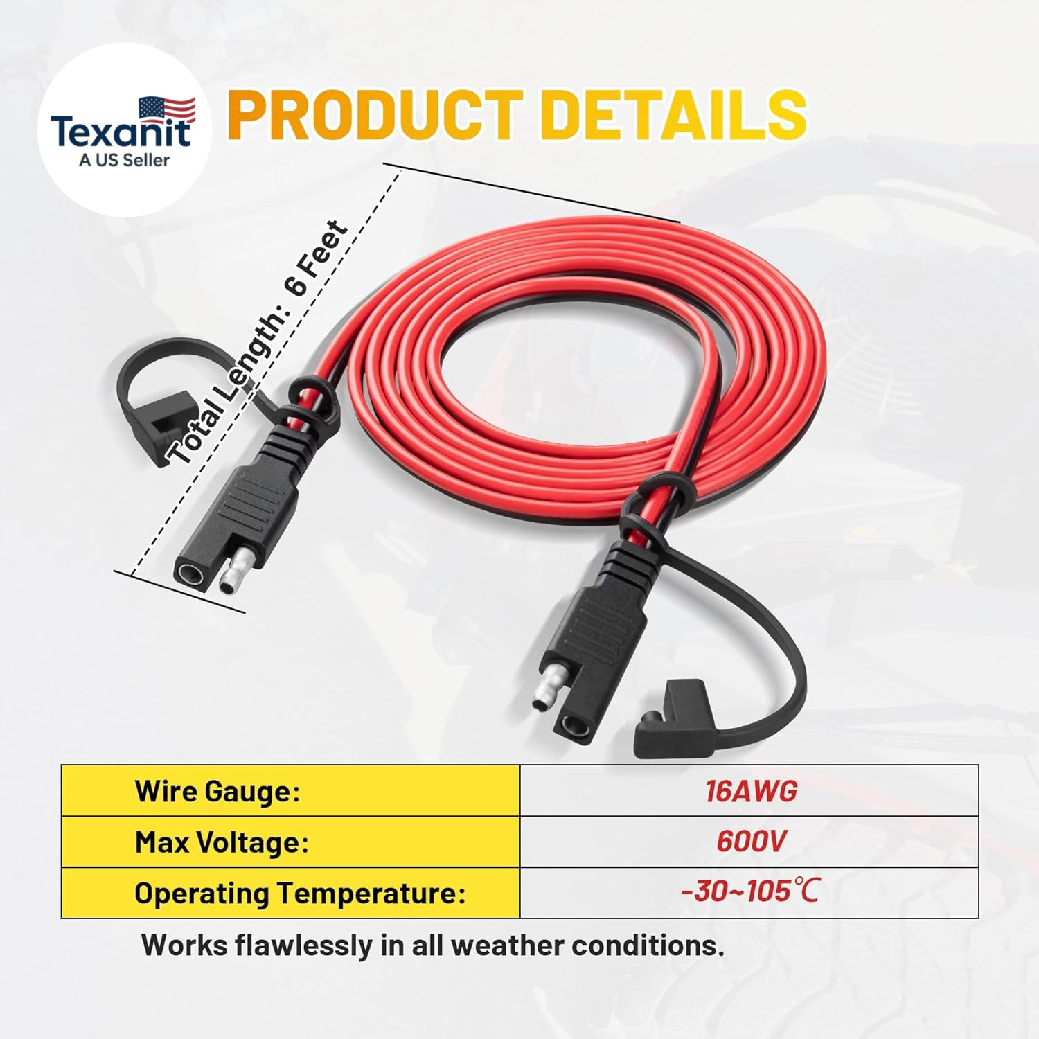 6FT 16AWG SAE Extension Cable with Polarity Reversing Adapter, Heavy Duty 2 Pin