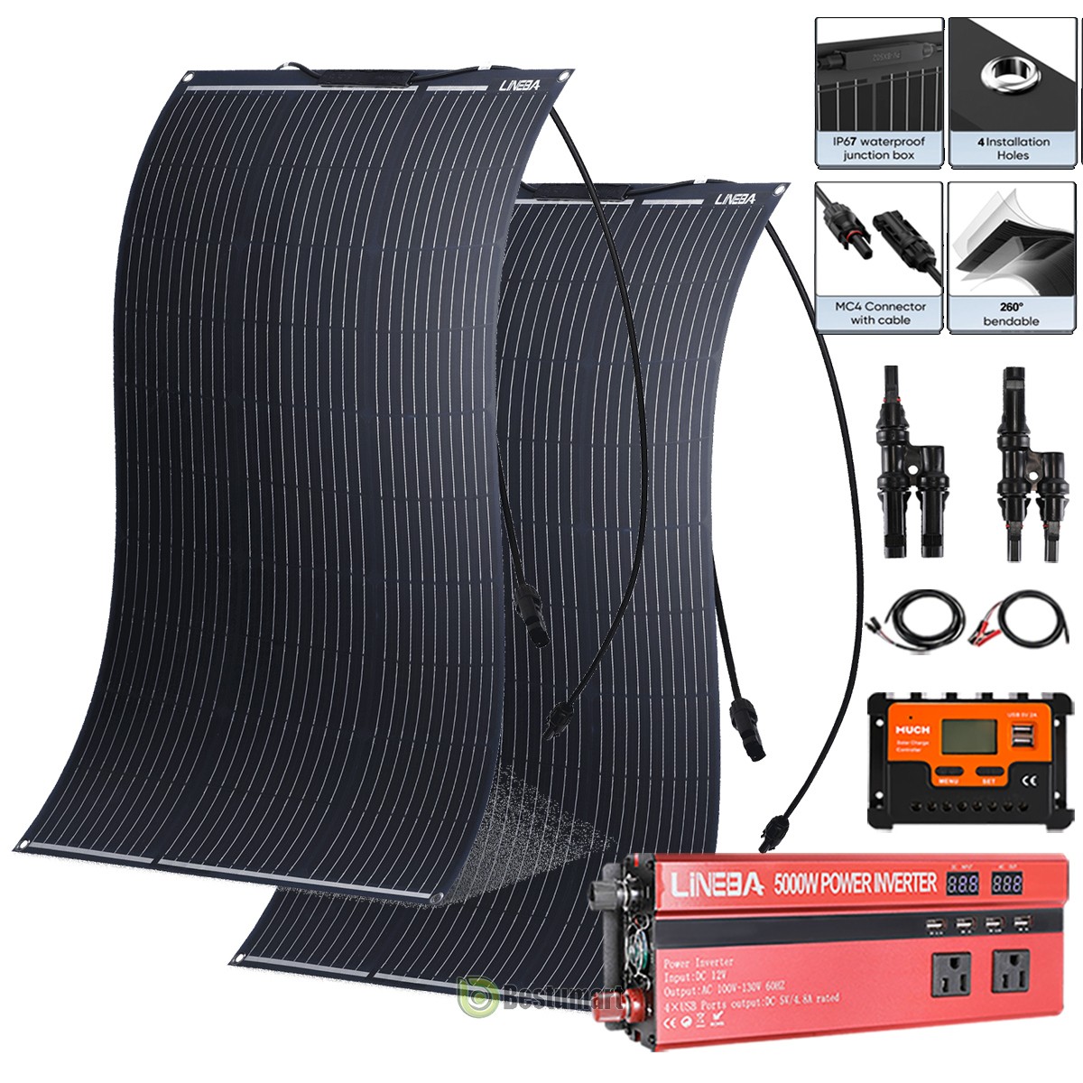 NEW 200W Flexible Solar Panel Kit & 5000W Car Inverter & Solar Controller Kit