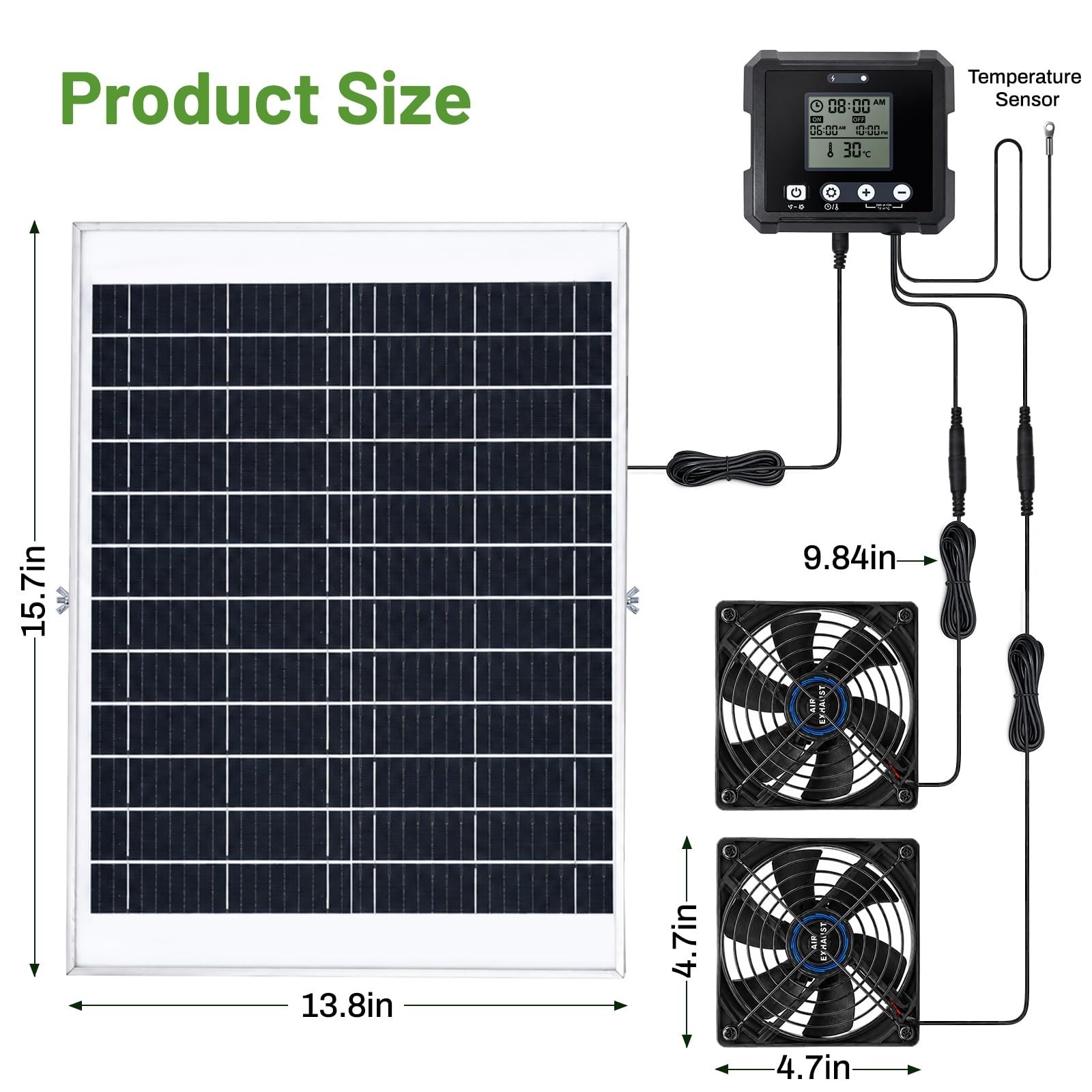 25W Solar Exhaust Fan for Chicken Coop & Greenhouse, Dual Vent, 2500mAh Battery,