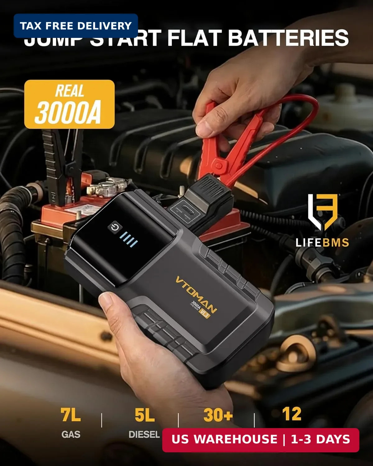 VTOMAN VL3 Jump Starter Upgraded with LiFePO4 Battery, 3000A Portable Car Batter