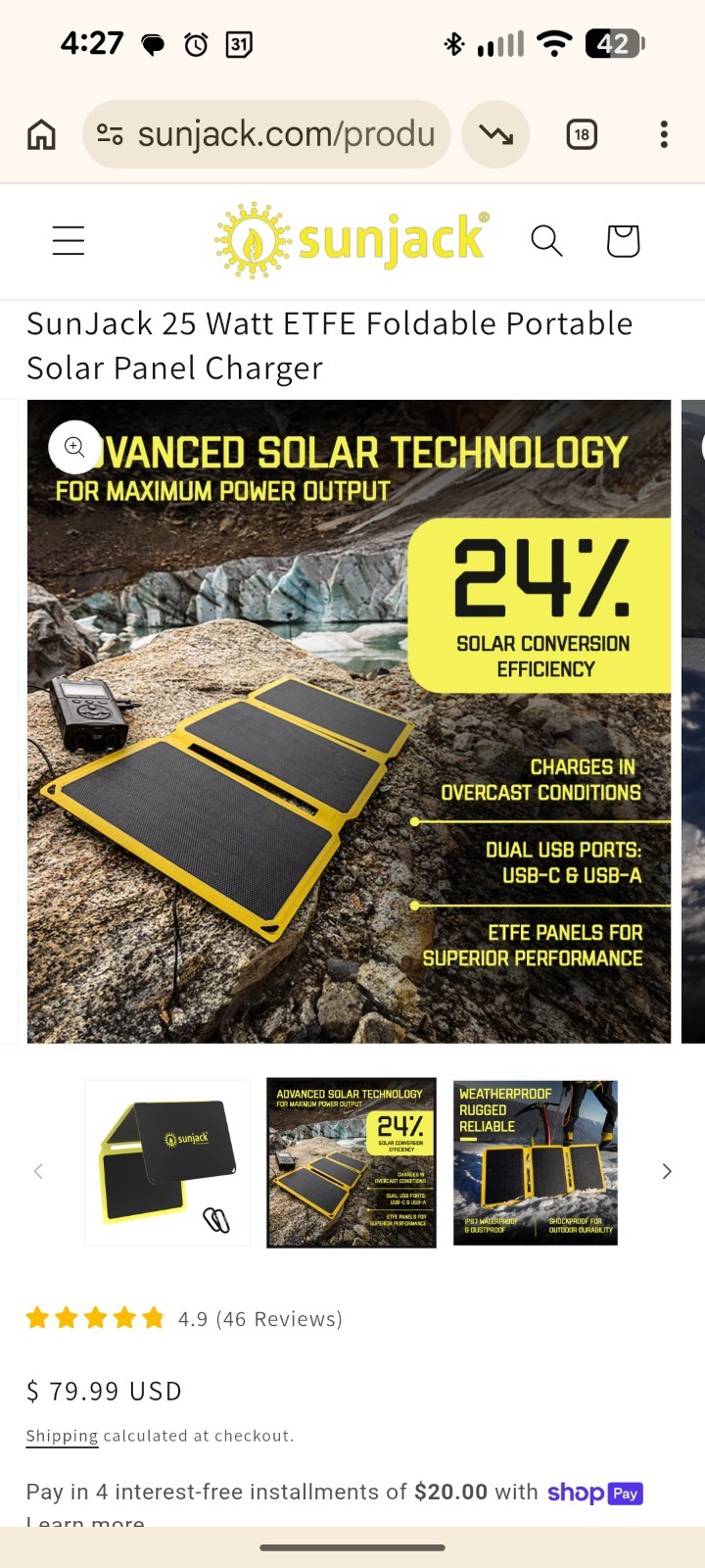 Sun Jack 25 watt solar panel weatherproof
