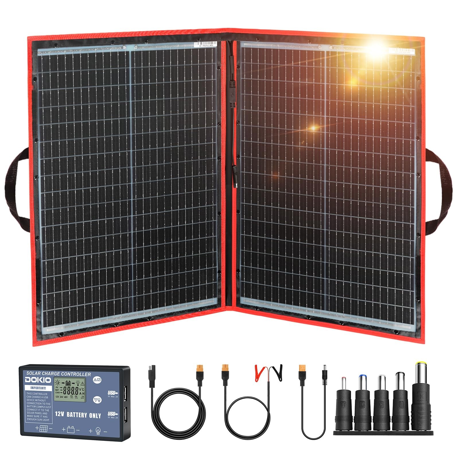 DOKIO 100W Portable Foldable Solar Panel Kit 19x26in, 5.3lb, with Separate Co…