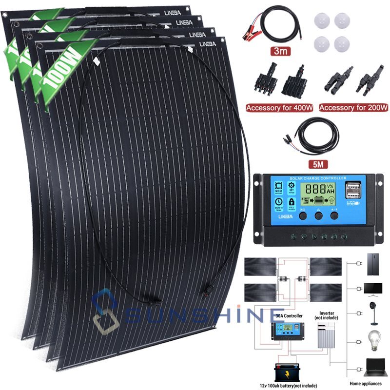 100W 200W 400W Portable Flexible Mono Solar Panel 18V for RV Camping Home Boat