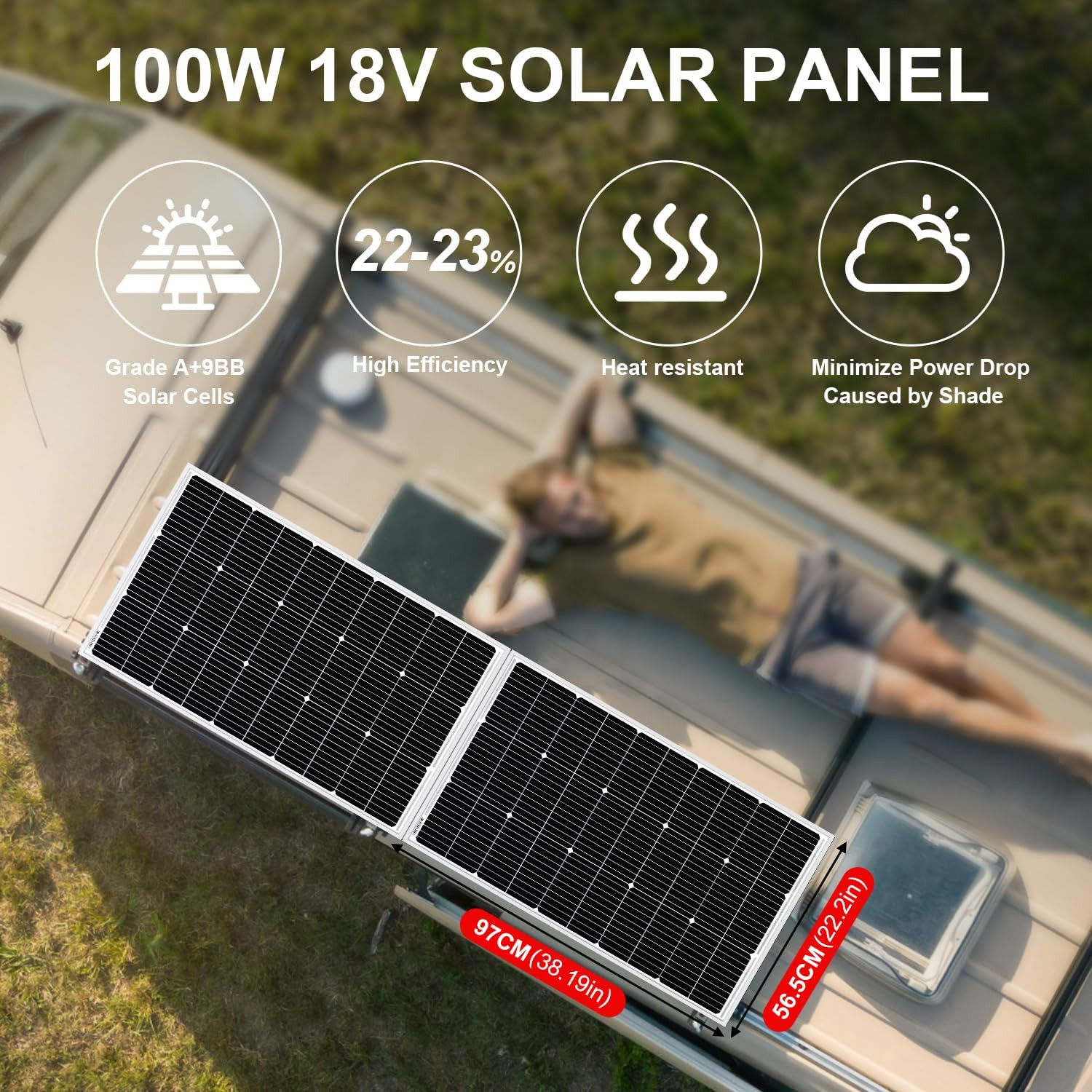 100W 18V Solar Panel 2-Pack for 12V Battery Charging, Monocrystalline Glass Modu