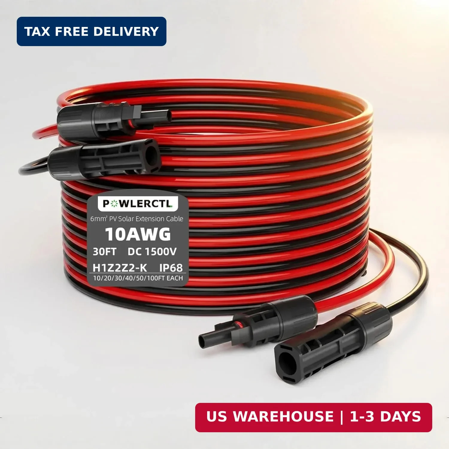Solar Panel Extension Cable 10 AWG 30Ft 6mm² Wire Gauge Certified PV Cable,100%
