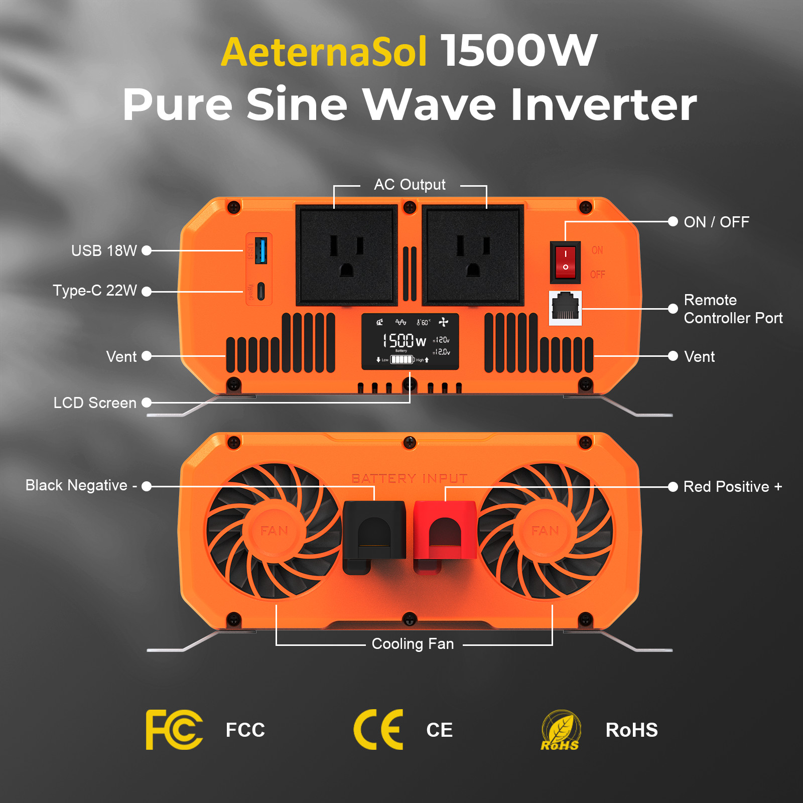 1500W Power Inverter Pure Sine Wave Inverter 12V 110V 120V Car Truck Boat Solar