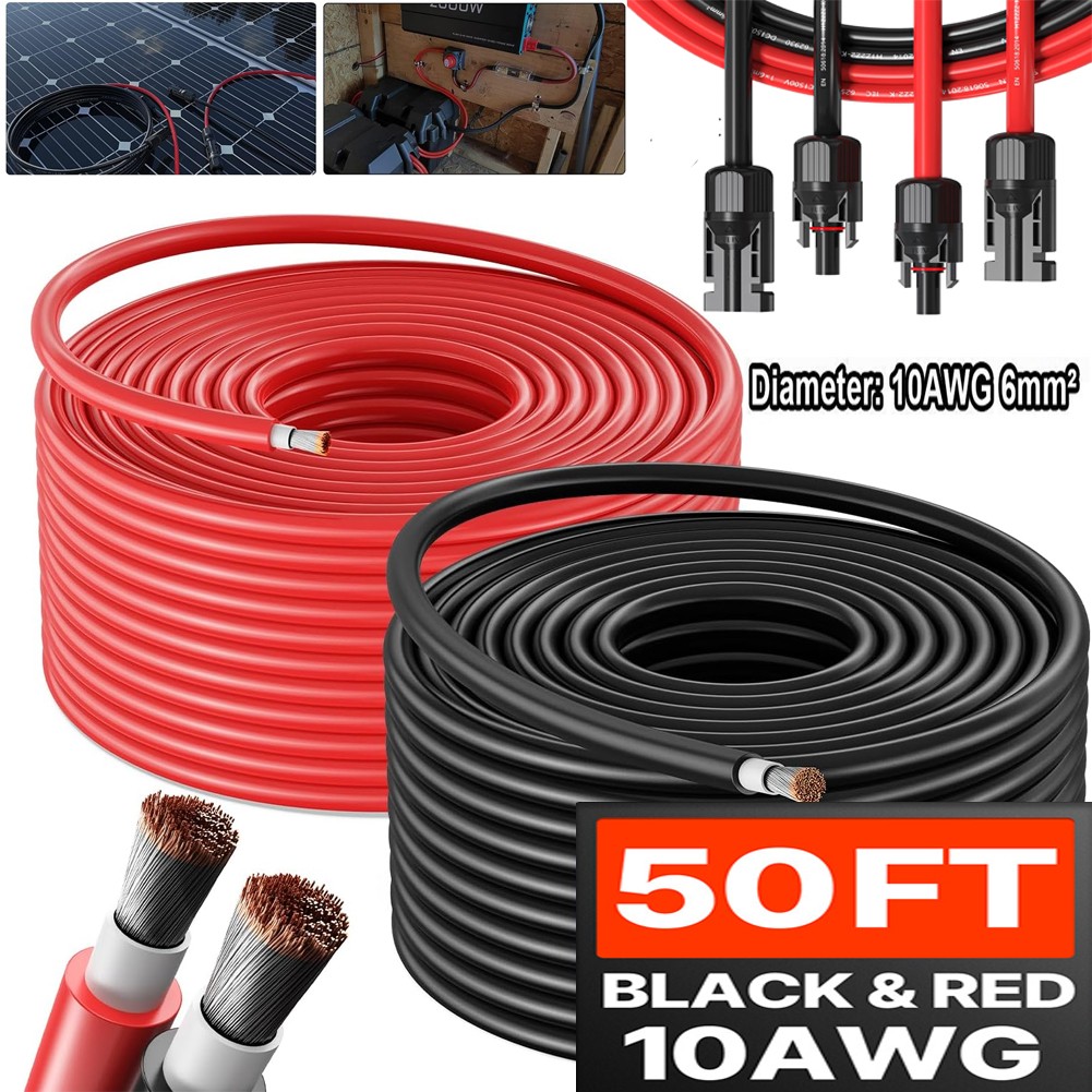 100FT 10 AWG Solar Panel Extension Cable PV Wire Solar Connectors Pair 6mm²