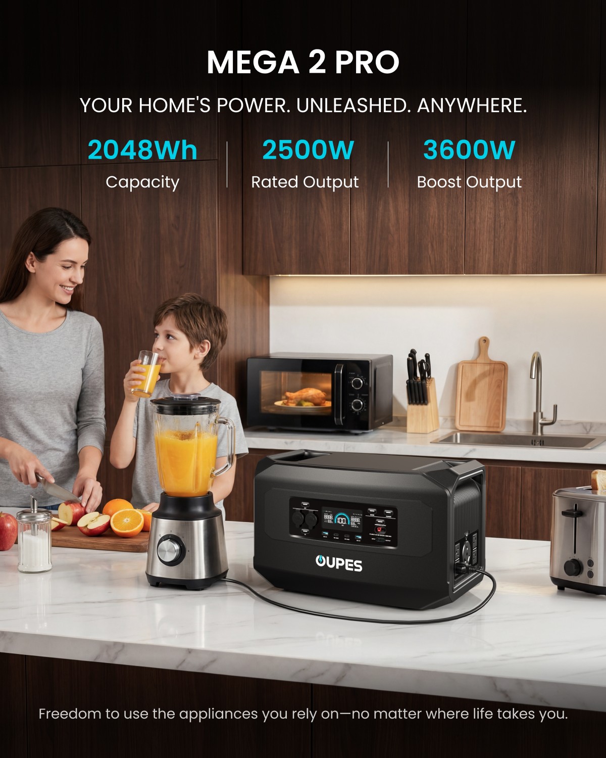 OUPES 2048Wh Mega 2 Pro Portable Power Station 2500W Solar Generator LiFePO4