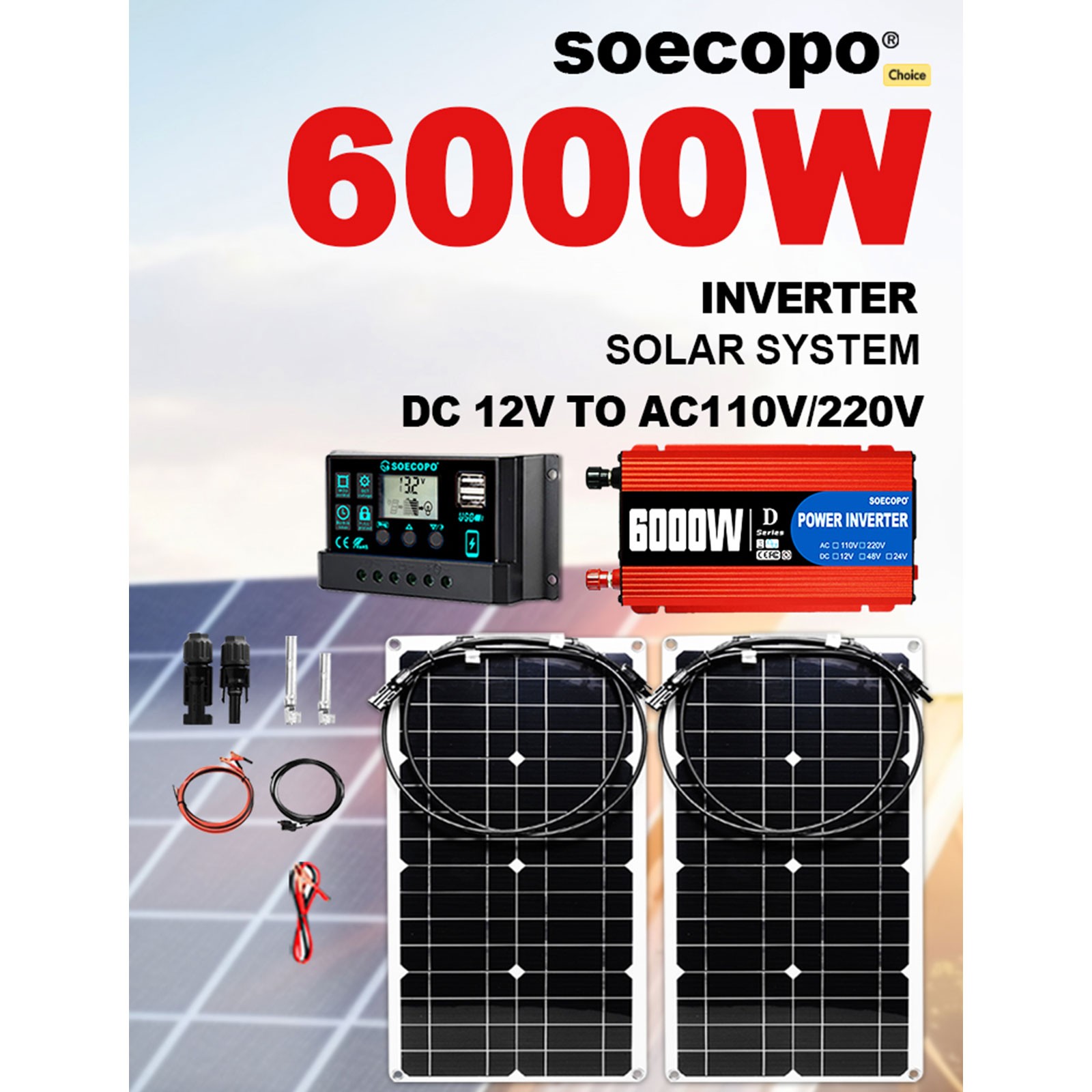 6000W Peak Solar System Kit 2pcs Panel 110V/220V Inverter For Camp Home charger