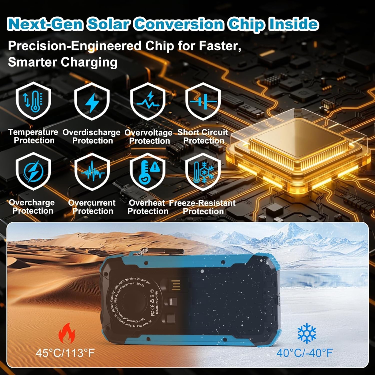 Solar Power Bank 20000mAh, Wireless Fast Charging, 3-in-1 Cables, Blue