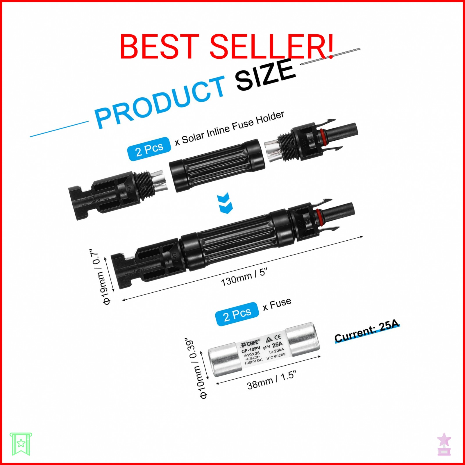 MECCANIXITY 2 Pcs Solar Fuse Holder 25A 1000V Waterproof PV in-Line Fuse Holders