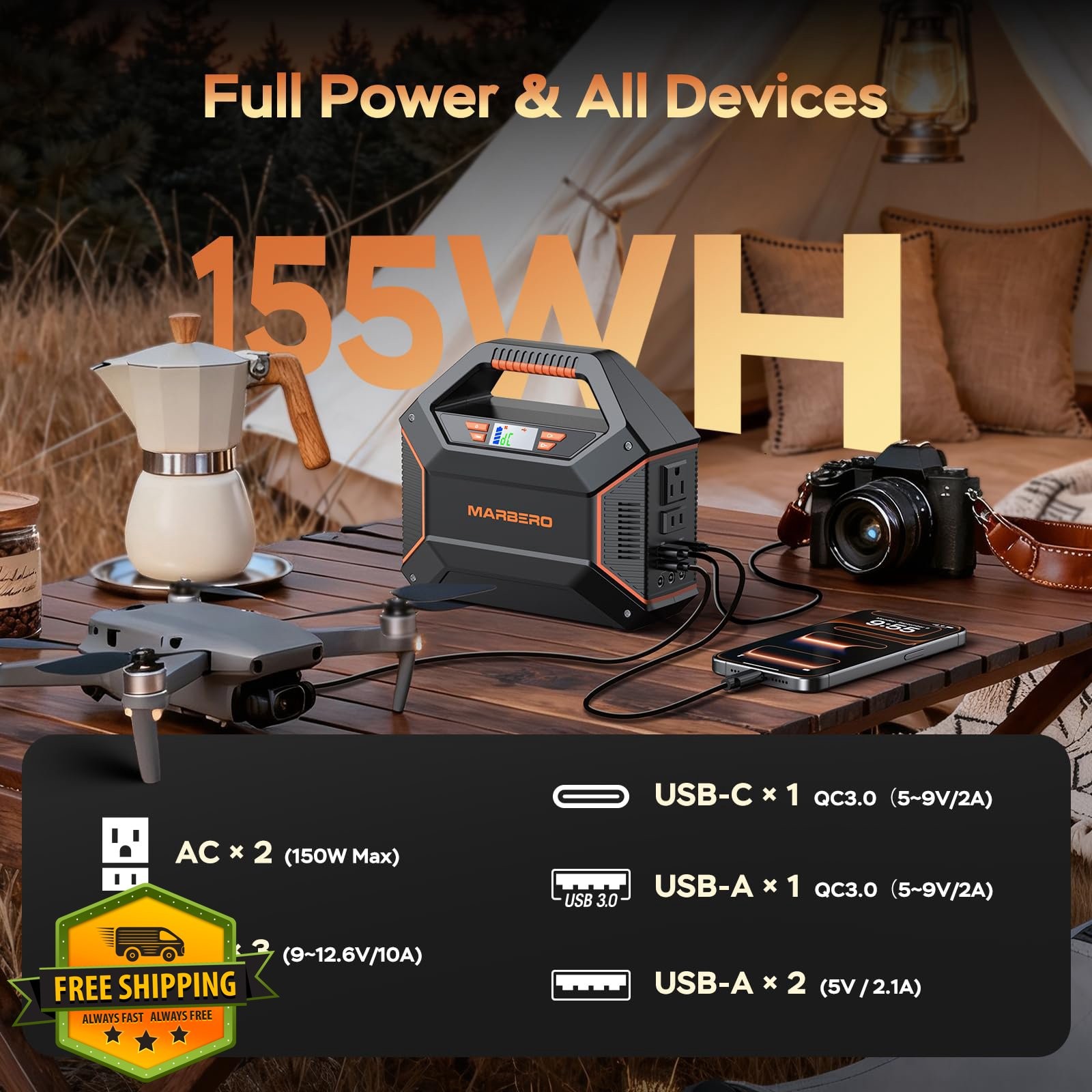 MARBERO Orange 155Wh Power Station 100W