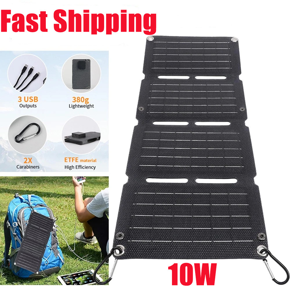 10W Foldable Solar Panel Charger USB 5V Power Bank Waterproof for Camping Hiking