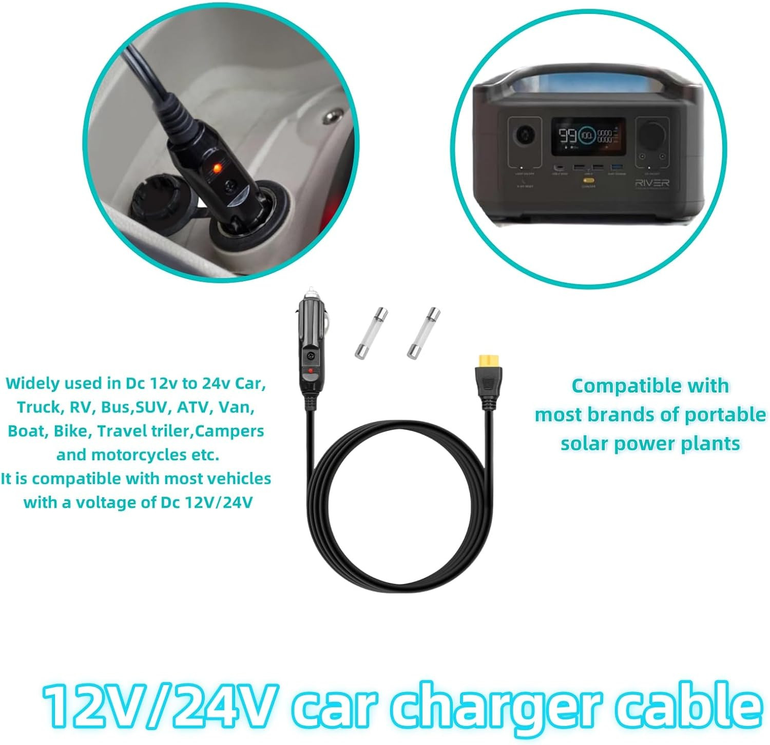 6.8FT Portable12V/24V Car Charger Suitable Compatible Ecoflow Delta/River, Bluet