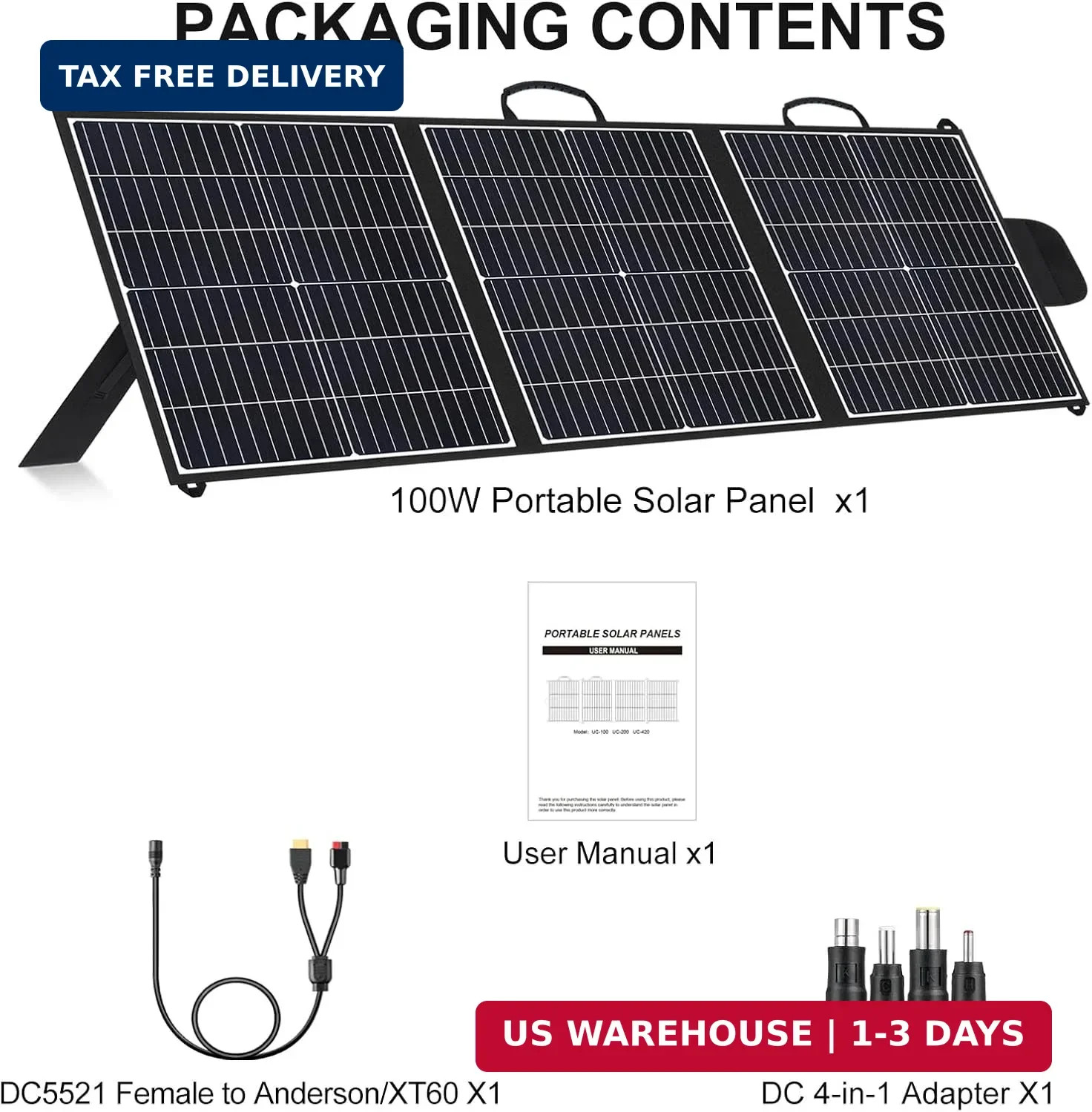 100W Portable Solar Panel, 20V Foldable Solar Charger with USB-A QC3.0 & Type-C