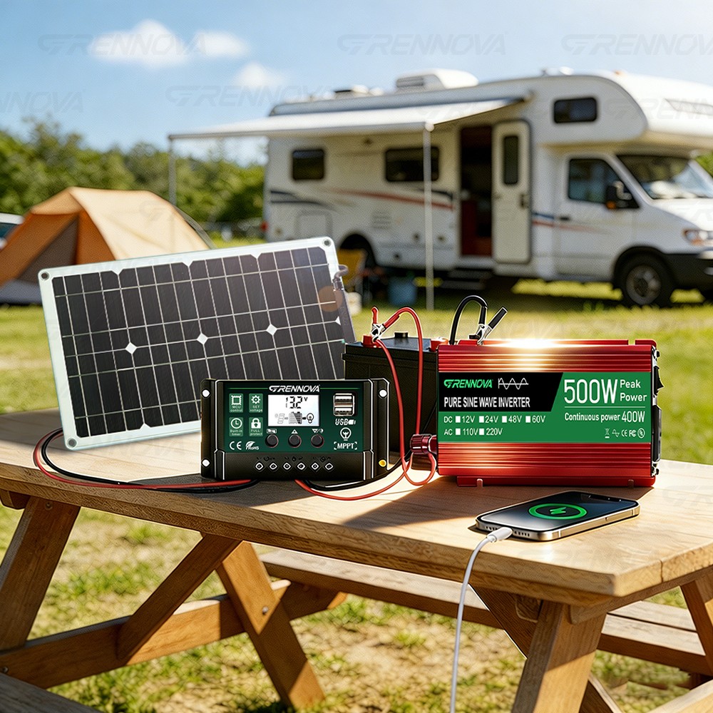 Grennova 500W Pure Sine Solar Kit 80W 60A MPPT 12V 110/220V Inverter Home Backup