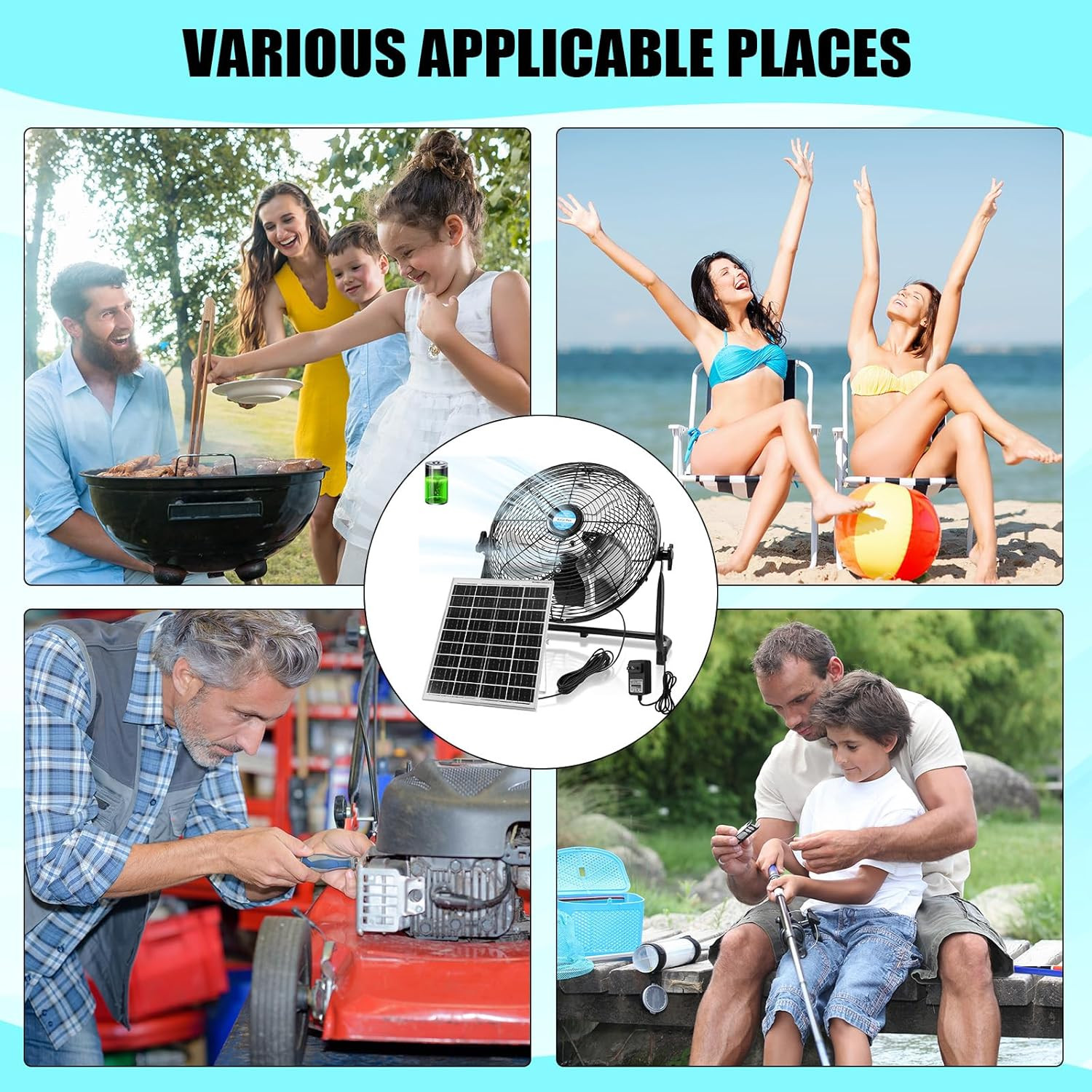 14 Inch Solar Panel Powered Fan, 2 in 1 Solar Panel or AC Charger Powered Fan 12