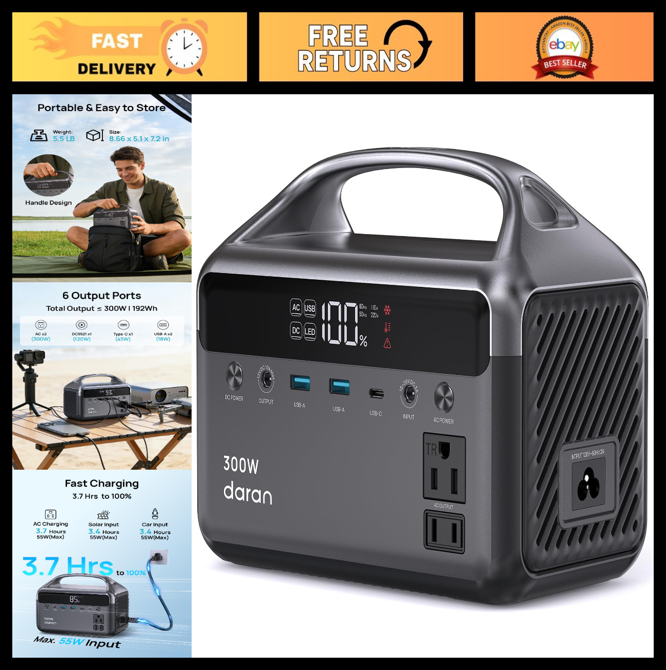 300W Portable Power Station, 192Wh Power Bank, AC Outlet, LiFePO4 Battery, Solar