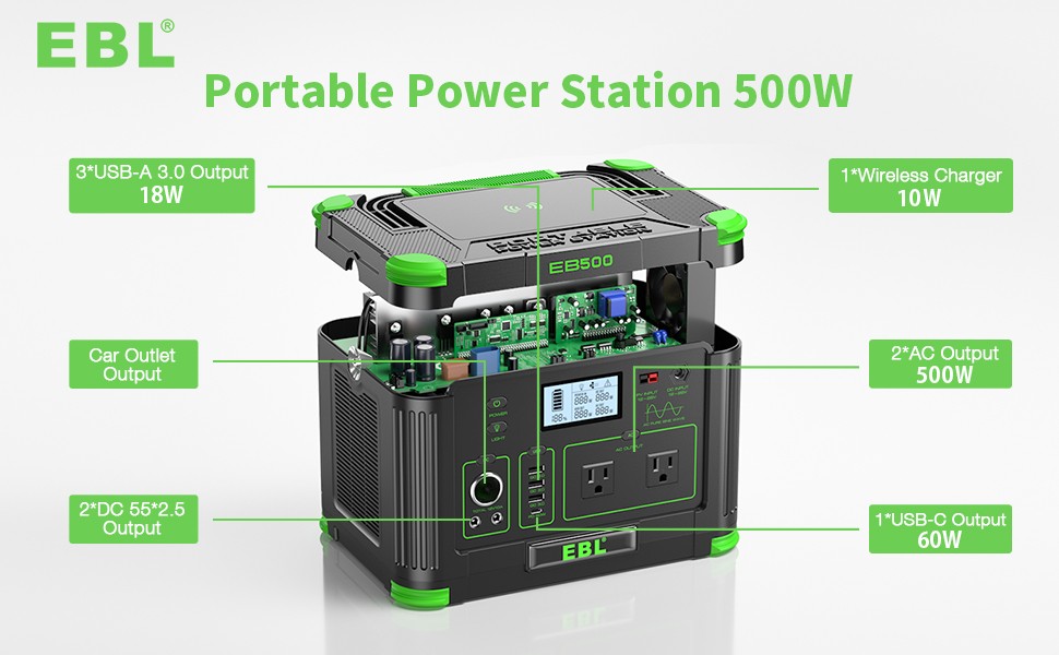500W Portable Power Station 519Wh LiFePo4 Solar RV Camping Backup Battery