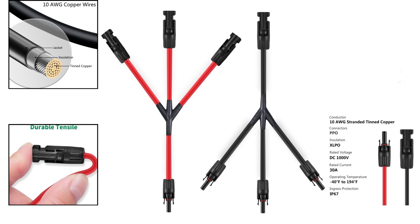 Plug & Play 3 to 1 Solar Connectors – 10AWG Dual-Layer for Long-Lasting Use