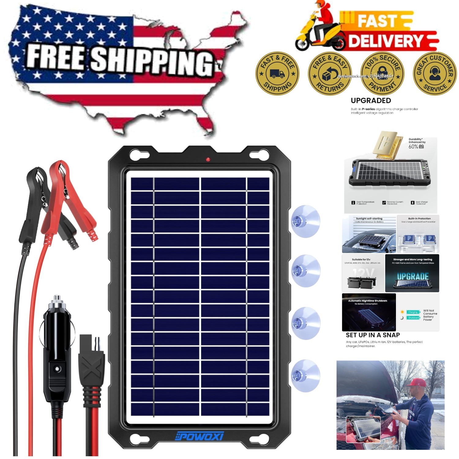 Upgraded 7.5W Waterproof Solar Battery Charger for 12V Vehicle Maintenance