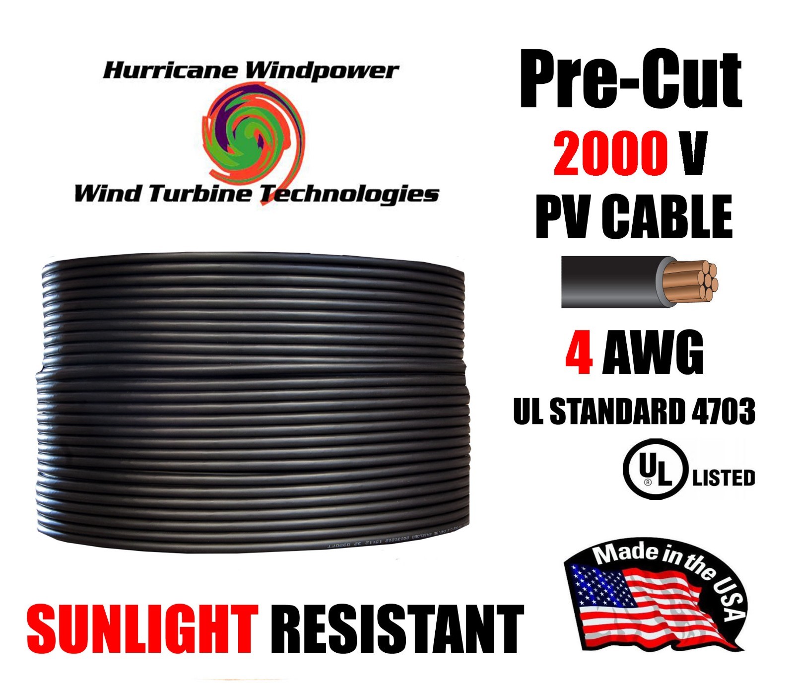 4 AWG Gauge PV Wire 1000/2000 Volt Pre-Cut 15-500 Ft for Solar Installation