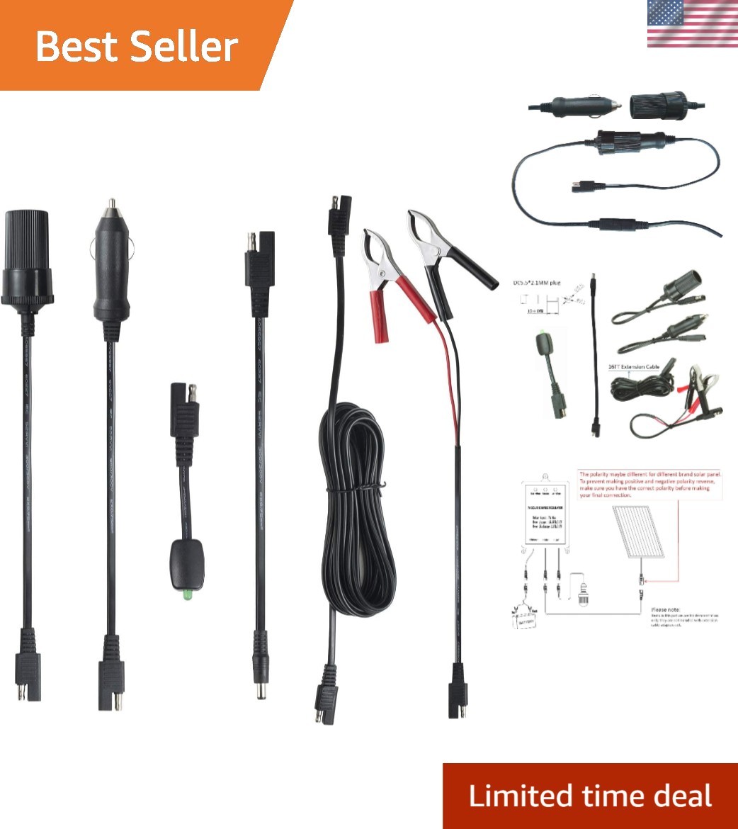 Extendable 16FT SAE Connector Cable with Battery Clamps & Solar Charge Indicator