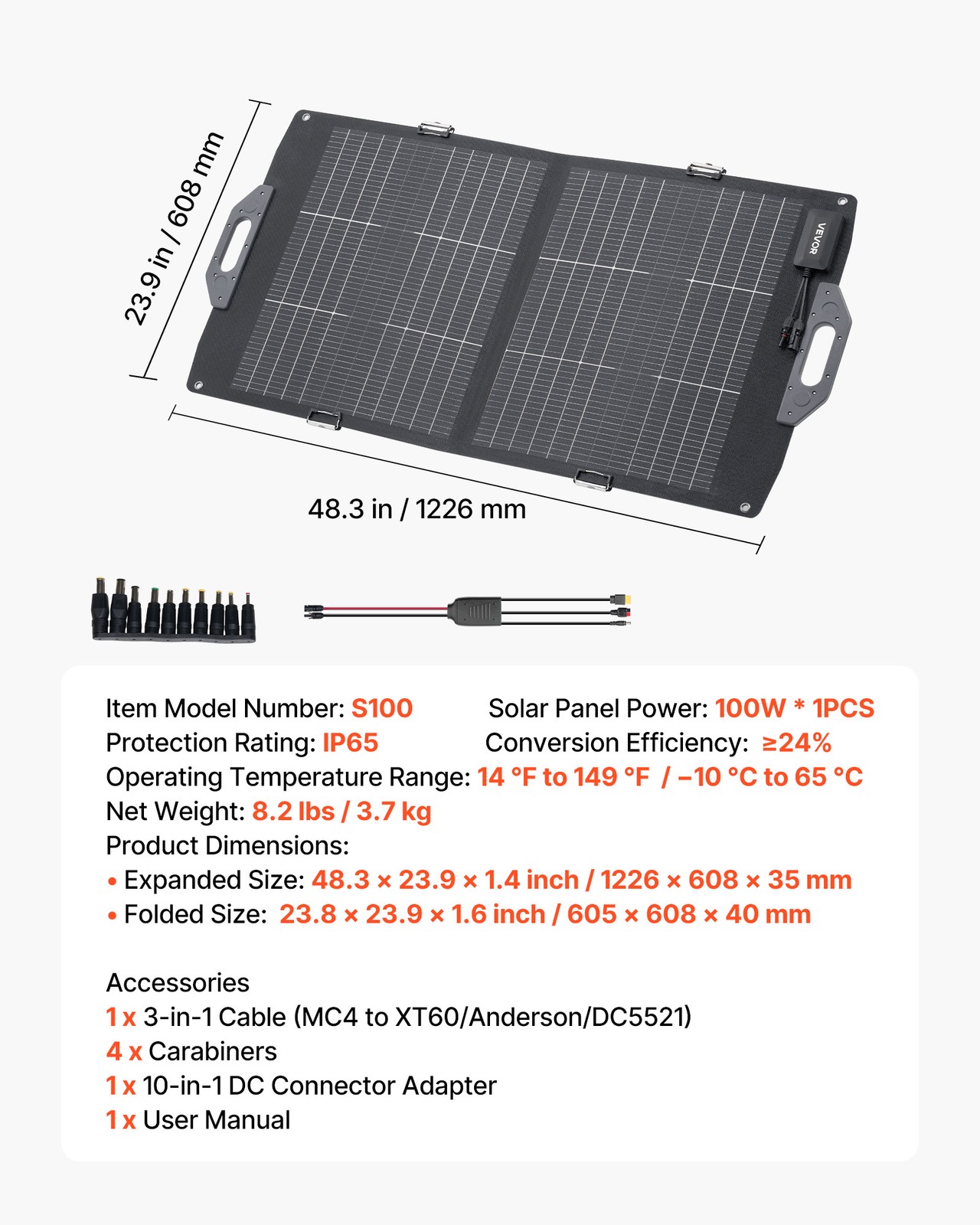 VEVOR 100W Bifacial Solar Panel Foldable Monocrystalline Solar Panel Charger