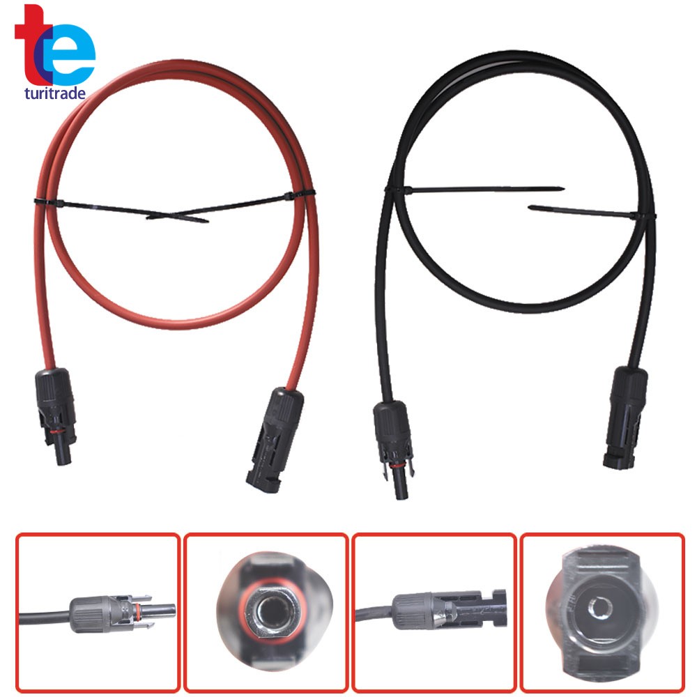 1 Pair 3 Feet Solar Panel Extension Cable Wire Connector Black + Red 10 AWG
