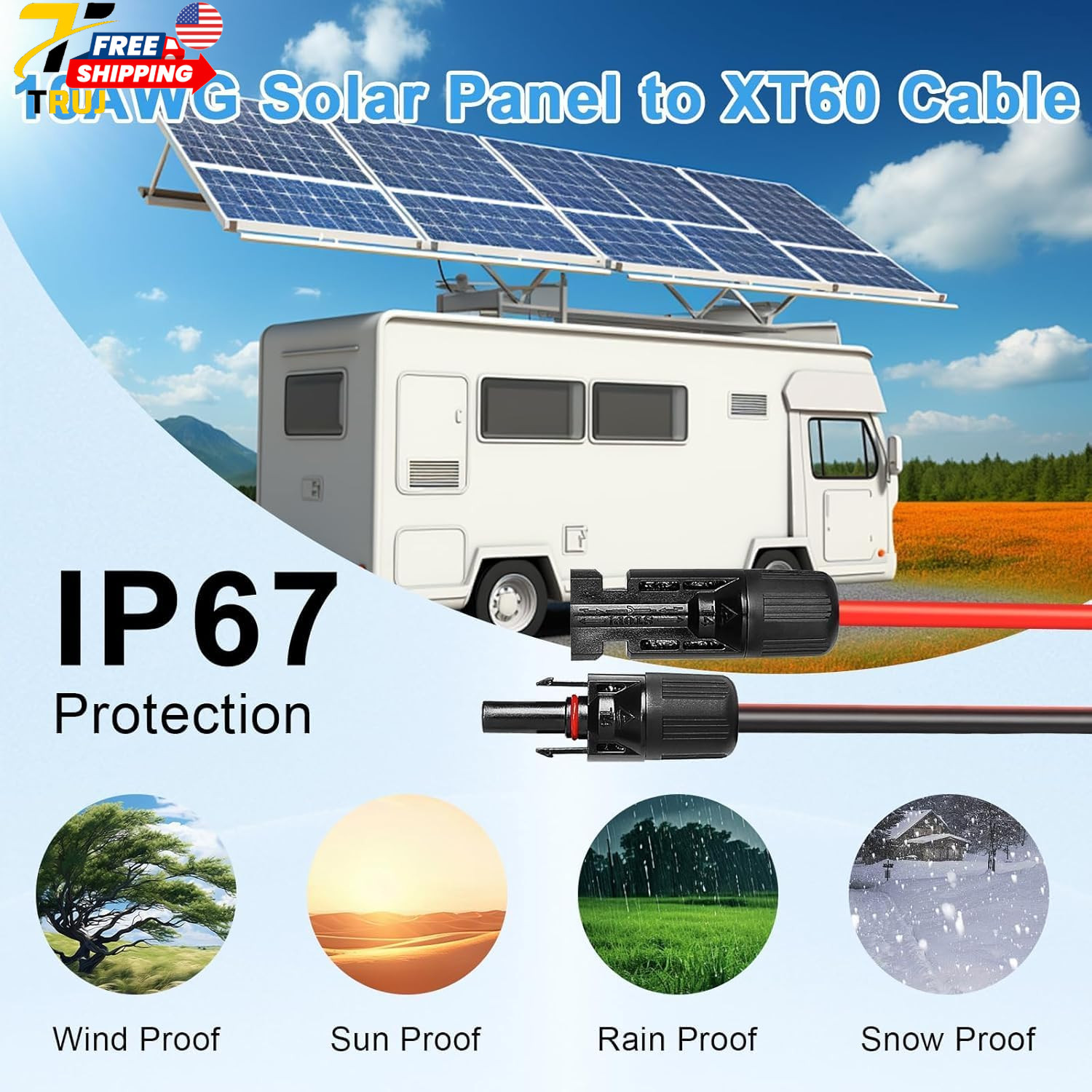 Solar to XT60 Cable 10AWG 50FT Solar Connector to XT60 Adapter Cable for Solar P