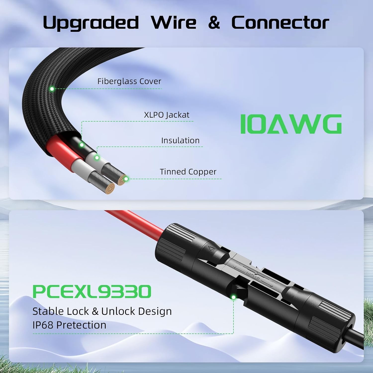 10FT Twin Wire Solar Panel Extension Cable 10 Gauge PV Wire W/ IP68 Female &
