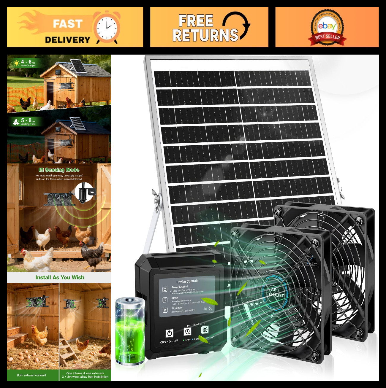 Solar-Powered Exhaust Fan for Chicken Coop & Greenhouse – 25W, 3 Modes, IP65 Wat