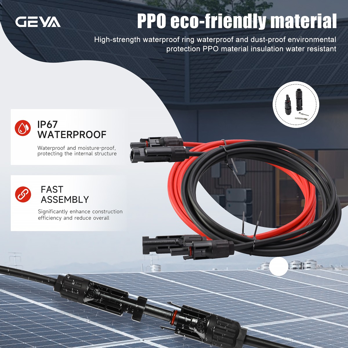 GEYA PV Wire Connector 10 AWG Solar Panel Extension Cable 1Pair Black & Red 6mm²