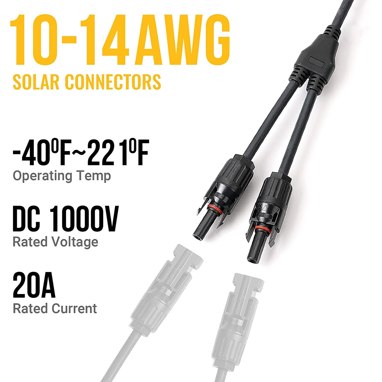 1 Pairs Solar Connectors Y Branch Parallel Adapter Cable 1 to 2 for Solar Panel